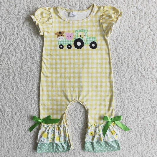 RTS cow car  yellow bow bell bottom romper 0520