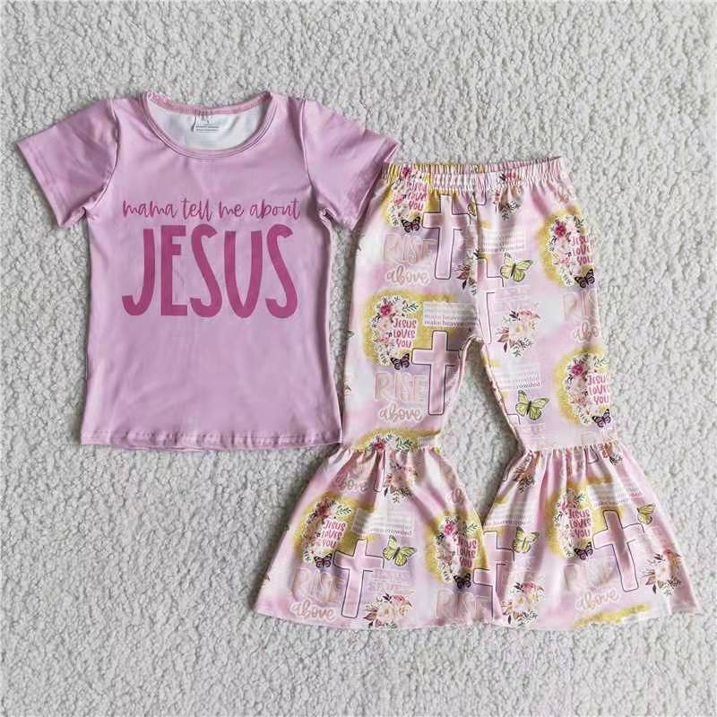 promotion pink Jesus love you girl short sleeve bell bottom pants girl outfit Jan 0113