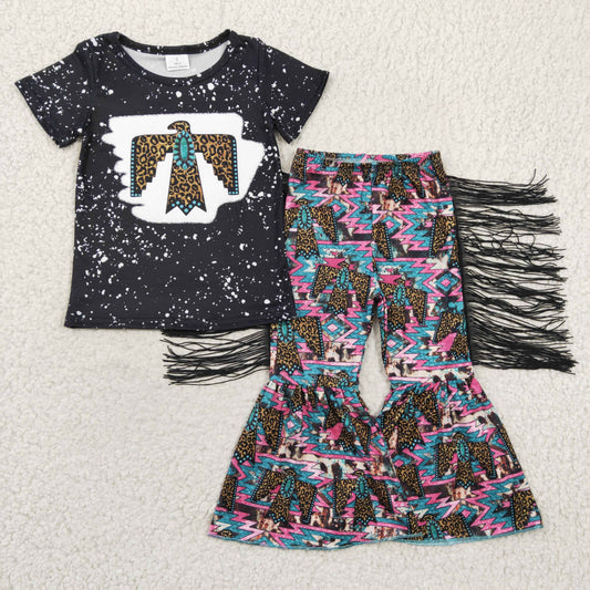 promotion RTS GSPO0209 short sleeve western tassel gem eagle bird print girl outfit 1220