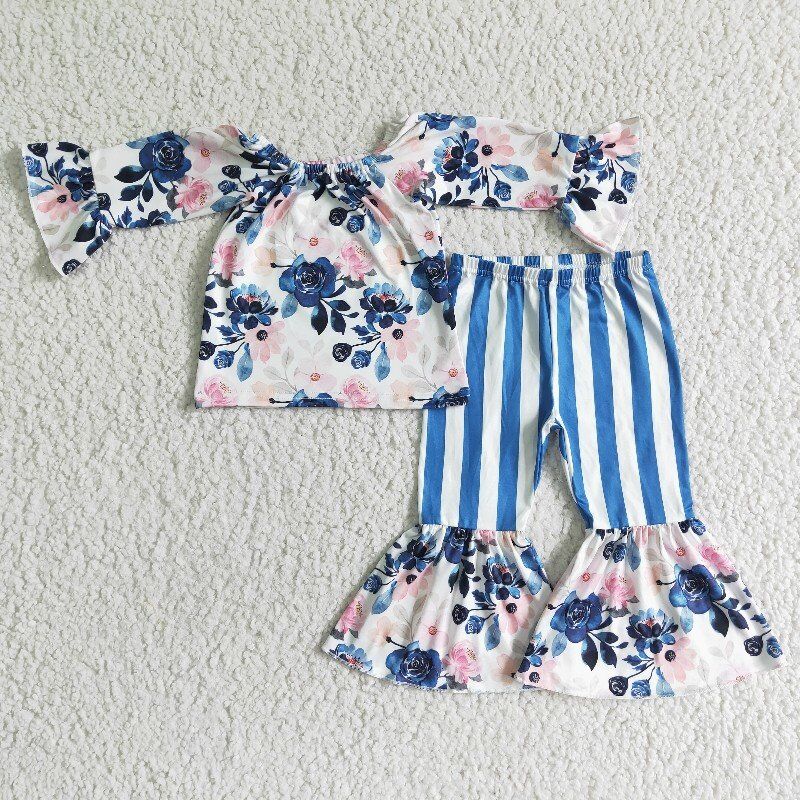 RTS 0622 bluepink flower flare off shoulder sleeve white blue stripe pants girl outfit