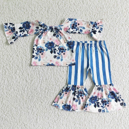 RTS 0622 bluepink flower flare off shoulder sleeve white blue stripe pants girl outfit