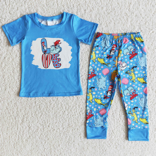 promotion E6-28 cartoon cat fish reading love blue short sleeve pant boy outfit