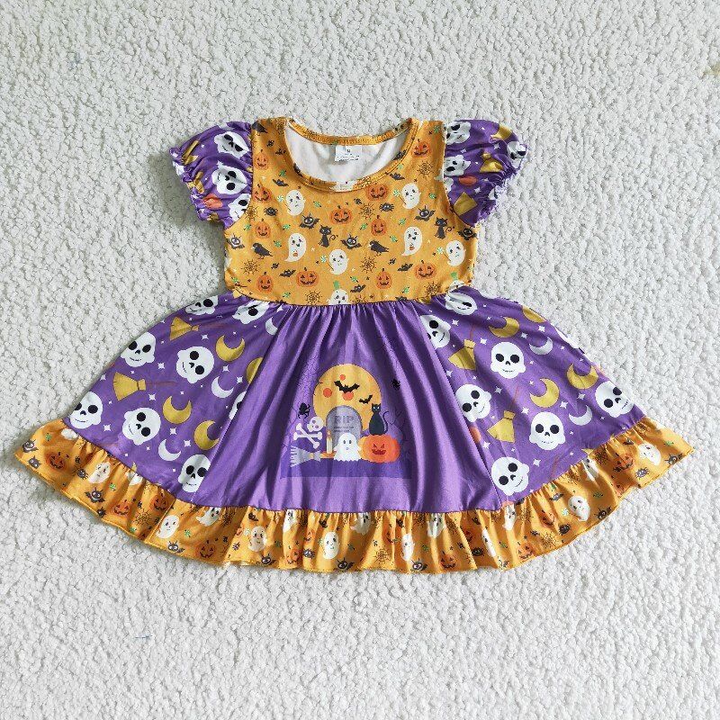 GSD0125 RTS halloween bat orange moon purple short sleeve purple ruffle pants girl dress 0709