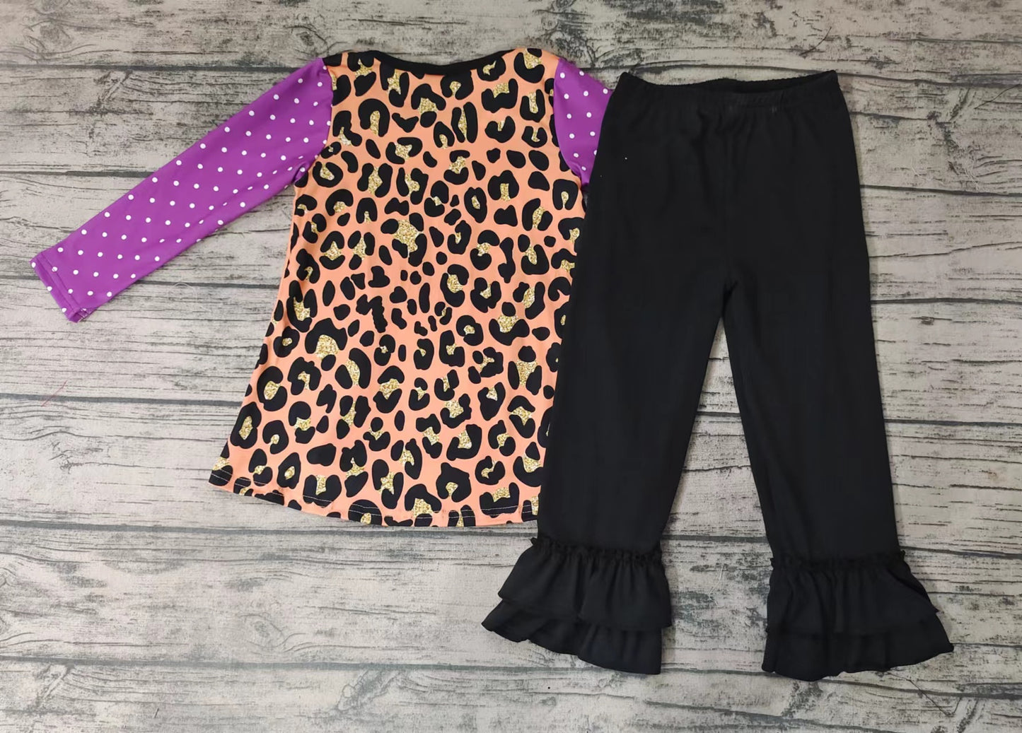 Preorder purple orange dots ruffle pants fluffy short sleeve girl outfit 0616 的副本