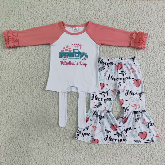 pink car bell bottom long sleeve girl outfits 0719 RTS