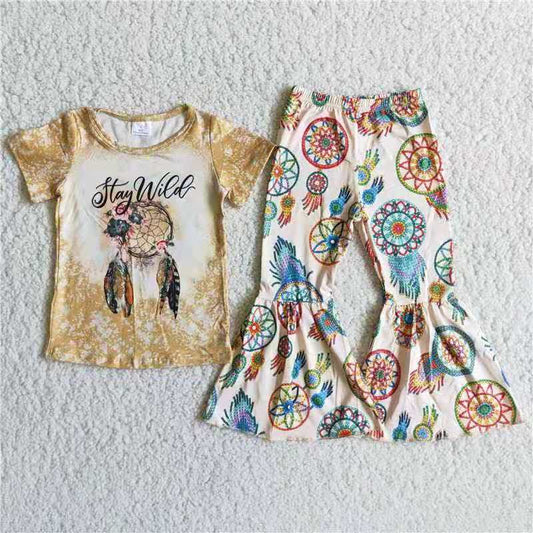 promotion A0-14 Stay Wild letters dreamcatcher short sleeve bell bottom girl outfit