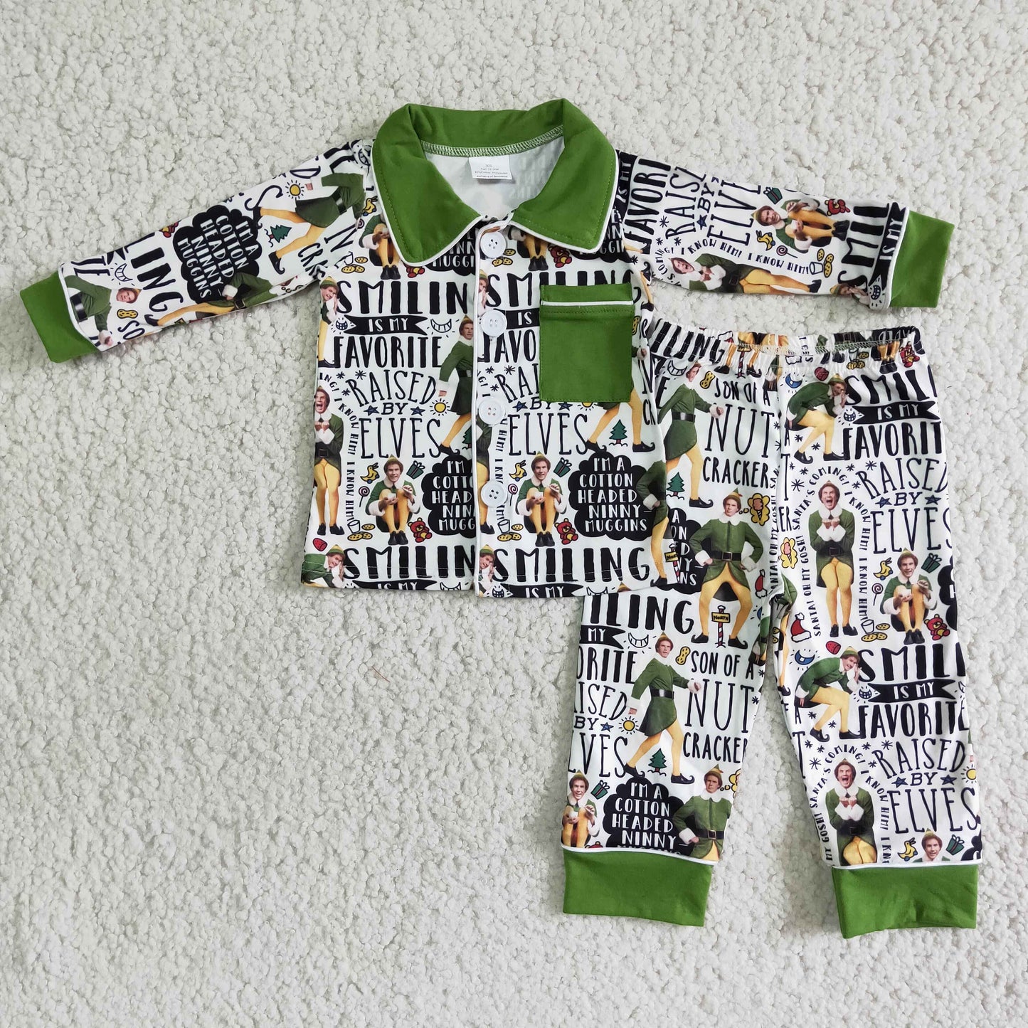 christmas green man cartoon button pocket collar long sleeve boy pajamas outfit