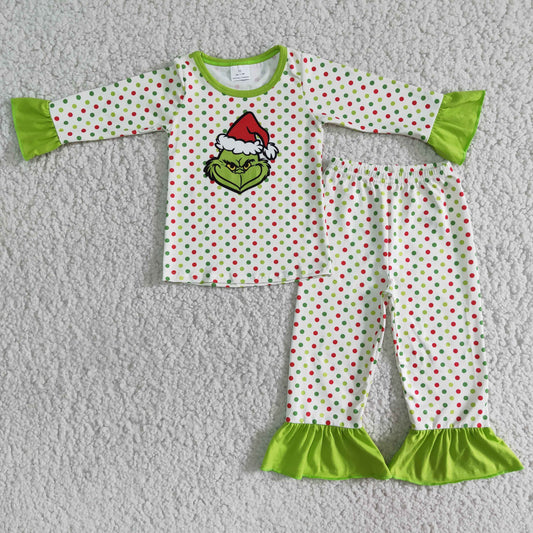 Christmas girl red dot green cartoon long sleeve pajamas girl outfit 20230527 RTS