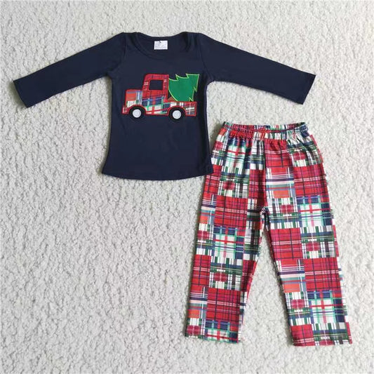 boy christmas tree car embroidery navy plaid long sleeve pant outfit