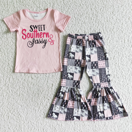 RTS  sassy  pink short sleeve horse bell bottom girl outfit 0802