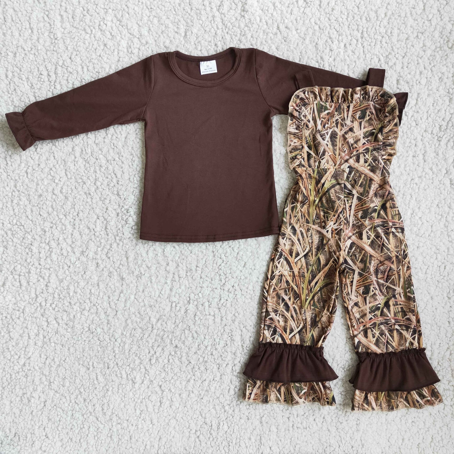 Brown Branch Leaves Lace Camo Pants Long Sleeve Overalls Outfits