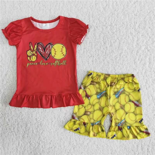 RTS peace love yellow baseball ruffles red short sleeve shorts girl outfits 0516