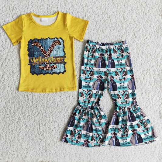 promotion B1-17 Yellow stone farm cow print white short sleeve bell bottom pant girl outfit 202404