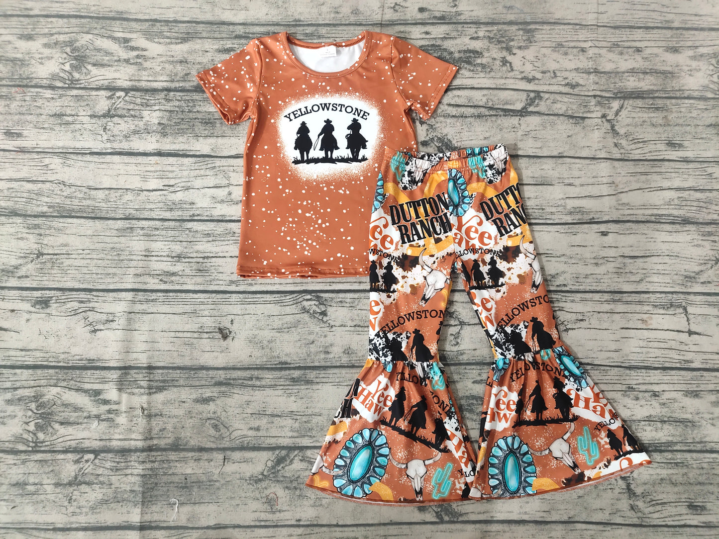 promotion B1-19 yellow stone letters cow print orange girl short sleeves cowboys bell bottom outfit 0915 RTS