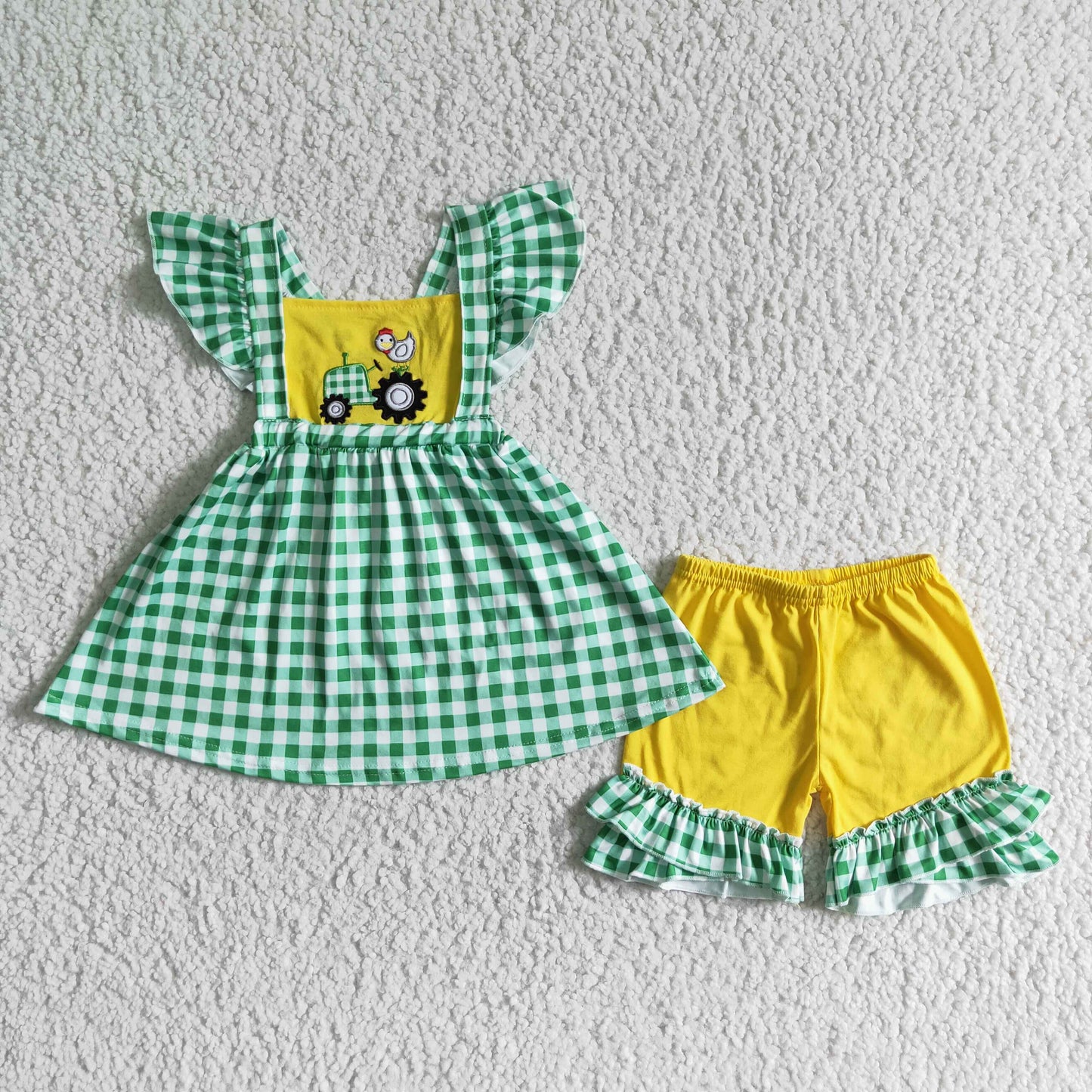 RTS green tractor embroidery short sleeve girl plaid yellow shorts summer outfit 20230505