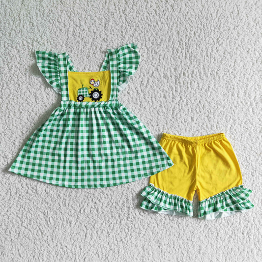 promotion GSSO0056. RTS green tractor embroidery short sleeve girl plaid yellow shorts summer outfit 20230505