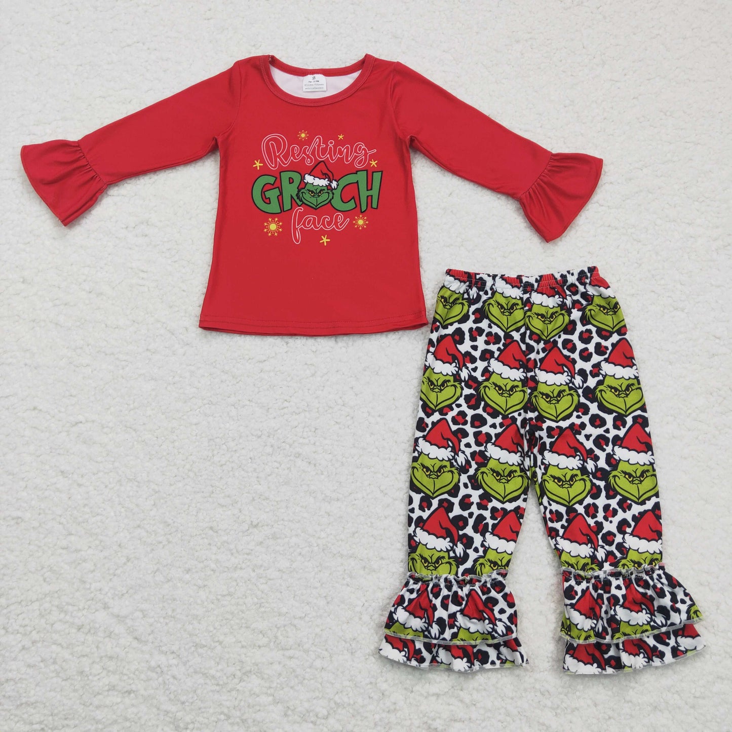 promotion 6 A1-17 Christmas girl green GRIN cartoon red leopard lace long sleeve pants outfits 1128 RTS