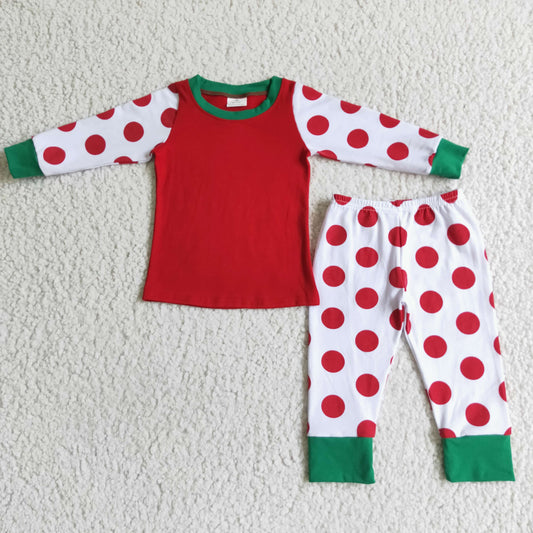 RTS christmas red dot green long sleeve girl pajamas outfit 0708