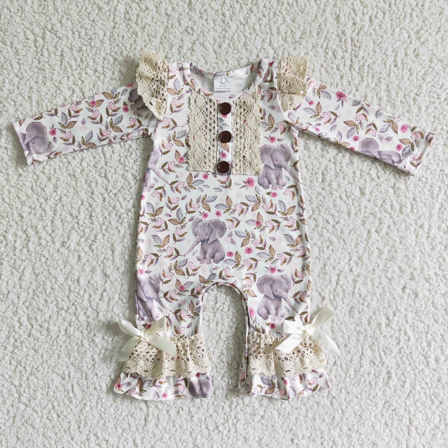 Promotion 6 A1-26 RTS elephant white lace purple leaves ribbon bow print long sleeve romper 0509