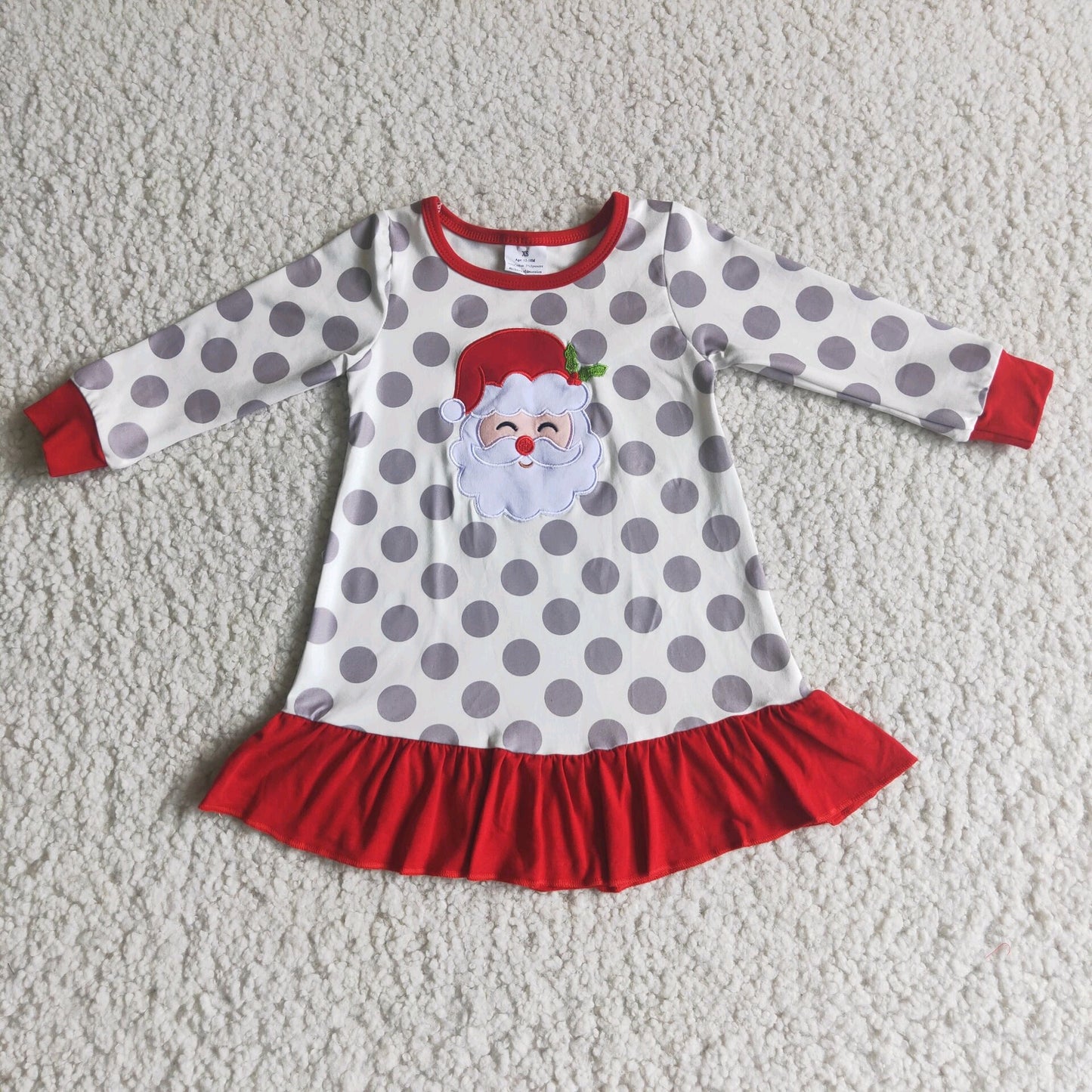 santa embroidery polka dots red ruffles girls christmas dress