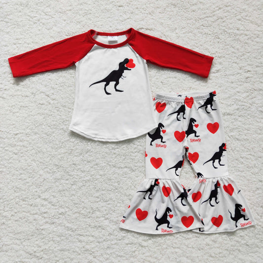 6 A16-12 Valentine girl dinosaur red love long sleeve bell bottom pant outfit RTS 1124