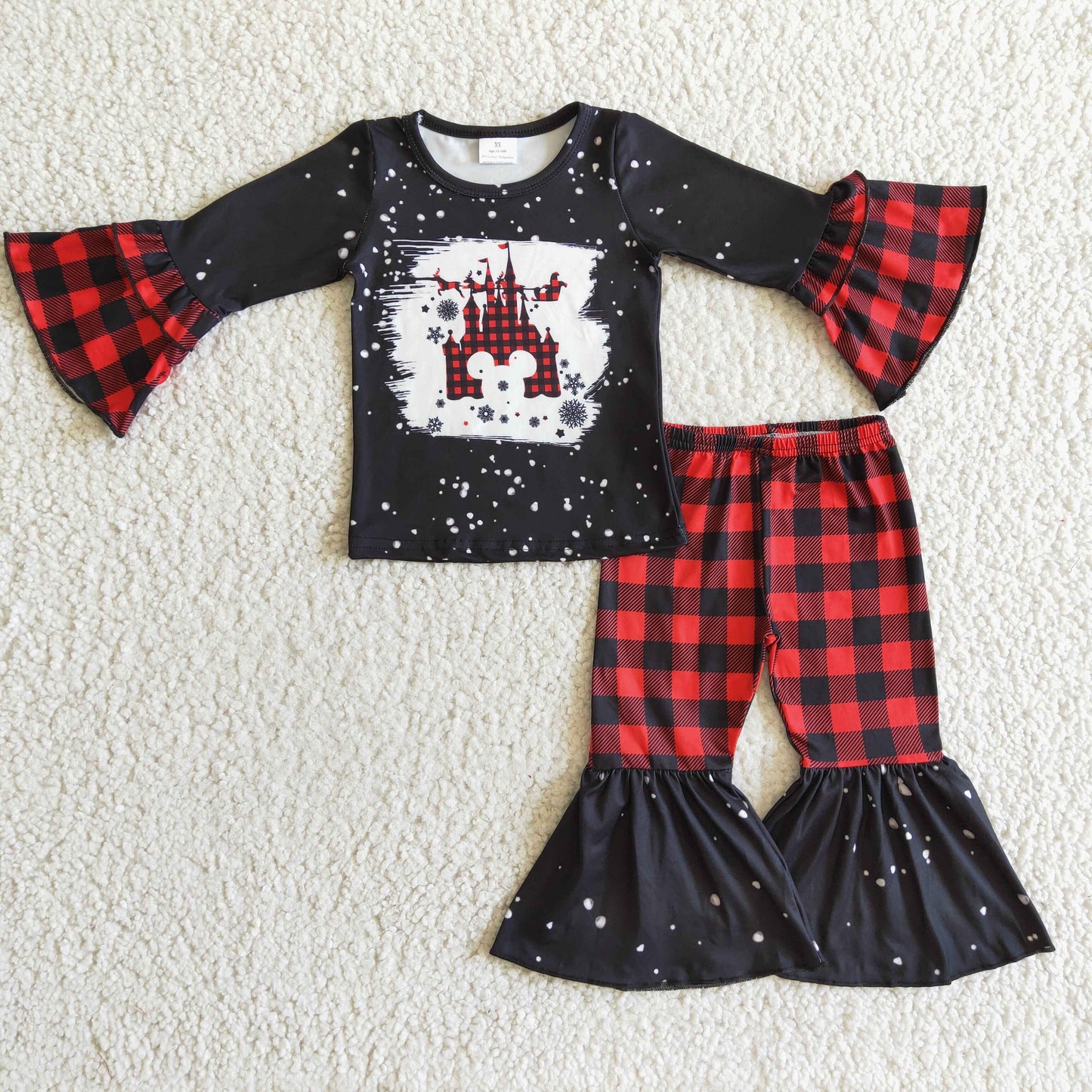 promotion  RTS 1118 Christmas girl red black plaid cartoon castle long sleeve bell bottom pant outfits 6 A16-19