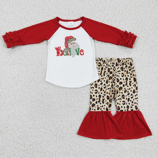 6 A19-27 RTS Christmas santa red ruffles raglan leopard long sleeve bell bottom pant outfit 1121