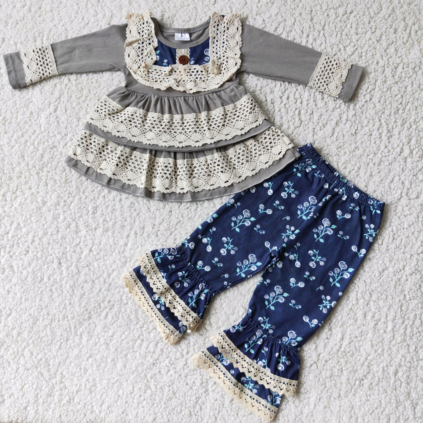 promotion Tunic white cotton lace grey long sleeve blue Floral long pants girl outfits 0706 RTS