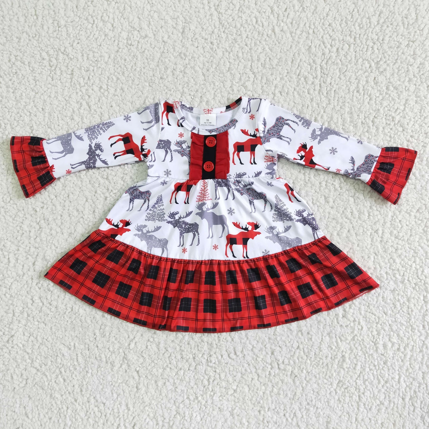 reindeer red black plaid ruffles button girls christmas dress