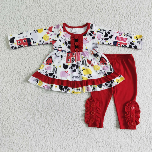 red house farm cow pig red girls long sleeve legging pants kids clothes outfit21