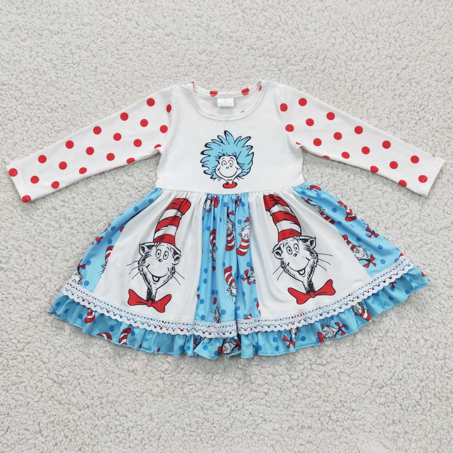 6 A9-18 red dot patchwork blue cartoon reading long sleeve girl dress 20230221 RTS