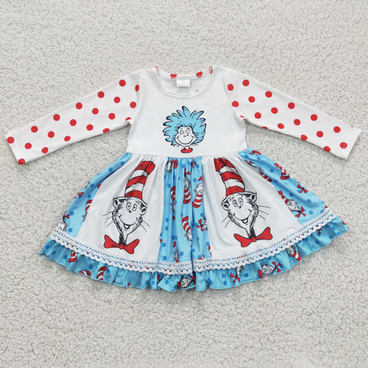 6 A9-18 red dot patchwork blue cartoon reading long sleeve girl dress 20230221 RTS