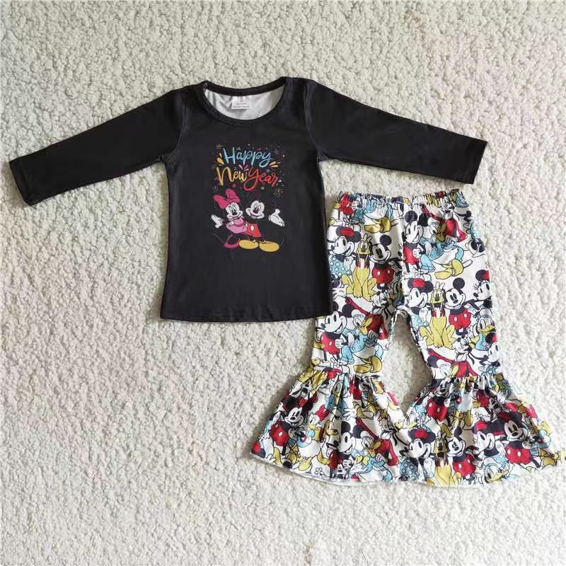 promotion 6 B1-18 cartoon mouse print black long sleeve bell bottom pant outfit 1109 RTS