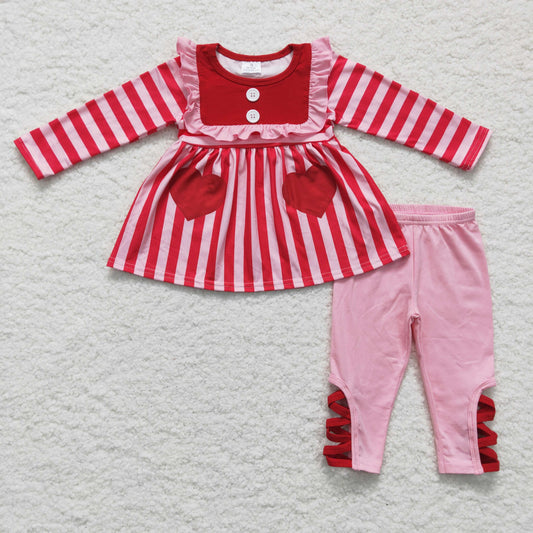 6 B11-22 Valentine girl love stripe top red ruffles long sleeve legging pants outfit 1201 RTS