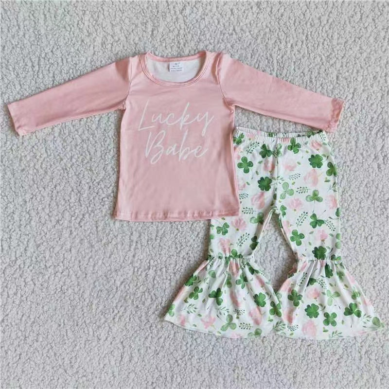 promotion 6 B2-25 RTS pink St. Patrick lucky clover girl long sleeve bell bottom pant outfit 20230209