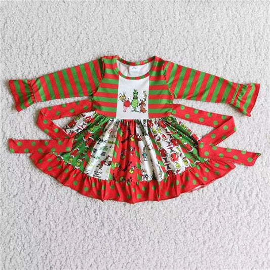 christmas green cartoon red patchwork dot long sleeve dress 0706 RTS