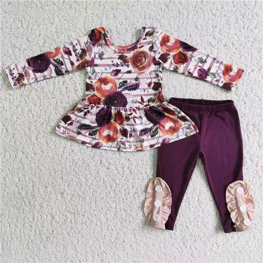 Girl purple floral lace tunic long sleeve legging pant outfit 0716 RTS