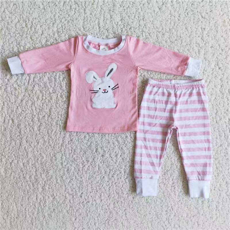 promotion Easter girl rabbit pink white embroidery stripe long sleeve pajamas outfit 20230111 RTS