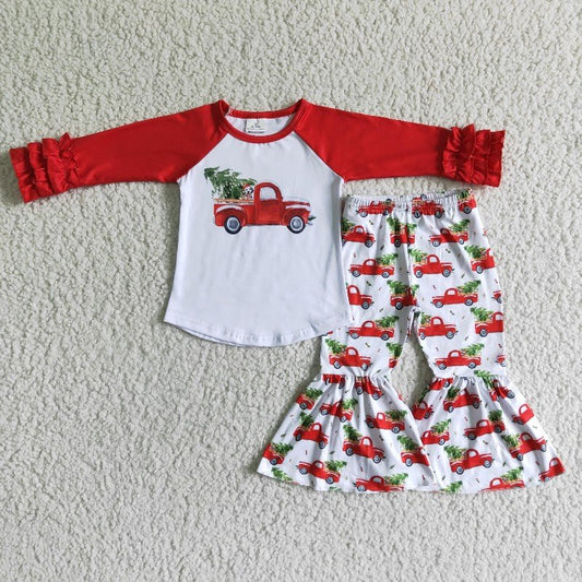 6 B9-19 car tree red ruffles girls christmas kids clothes outfit 20230621 RTS