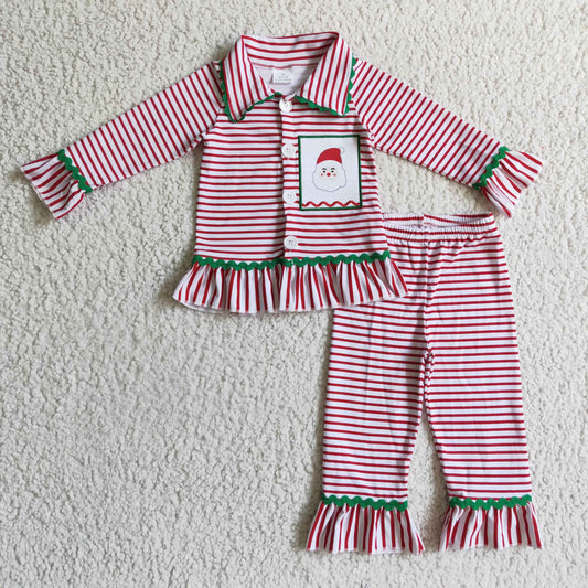 6 B9-3 pink stripe Christmas santa long sleeve pajamas girl outfits 1108 RTS
