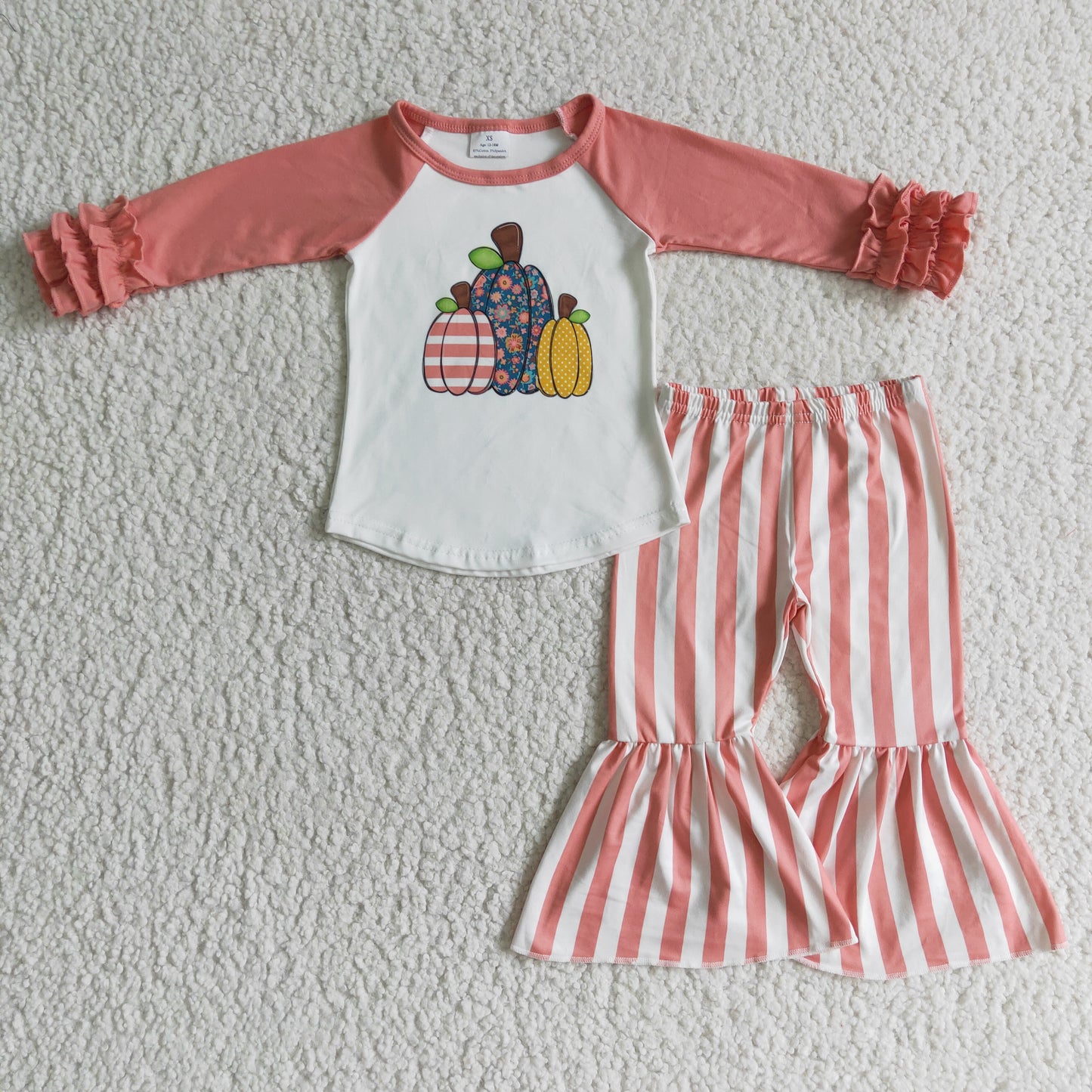 Promotion  6 C6-21 Pumpkin ruffles pink white stripe long sleeve bell bottom outfits 0922 RTS