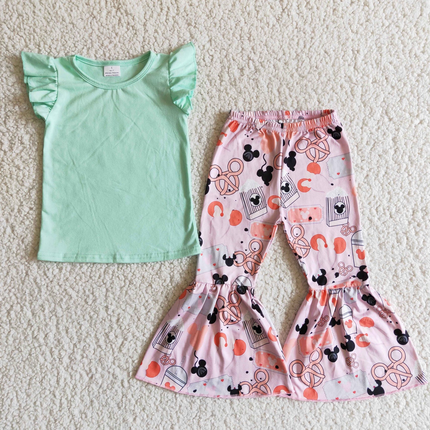promotion price B10-28 RTS green solid ruffles top pink mouse print set short sleeve bell bottom girl outfit 0301