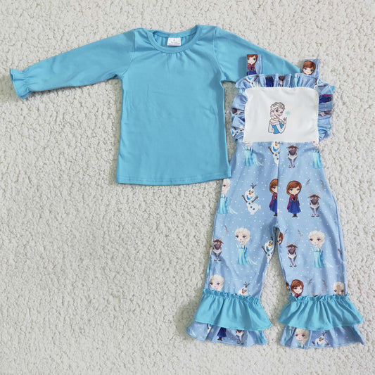 promotion A17-28 Solid color girl blue lace cartoon long sleeve overall outfit 202312
