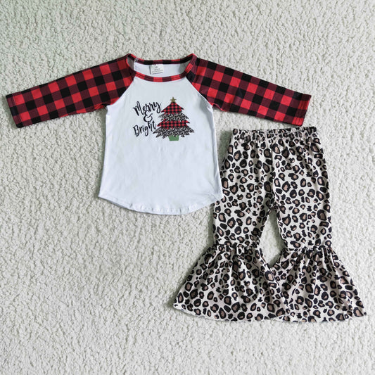 Christmas tree red black plaid leopard long sleeve bell bottom GIRL outfit 0803 RTS