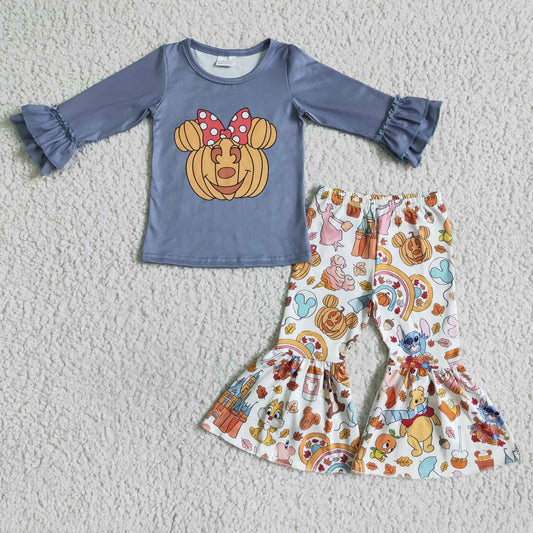 RTS 0705 ruffle sleeve halloween grey bow pumpkin bow bell pants bear girl outfit