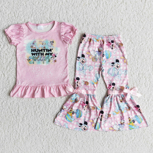 promotion E7-19 Easter egg cartoon mouse pink short sleeve bell bottom pant girl outfit