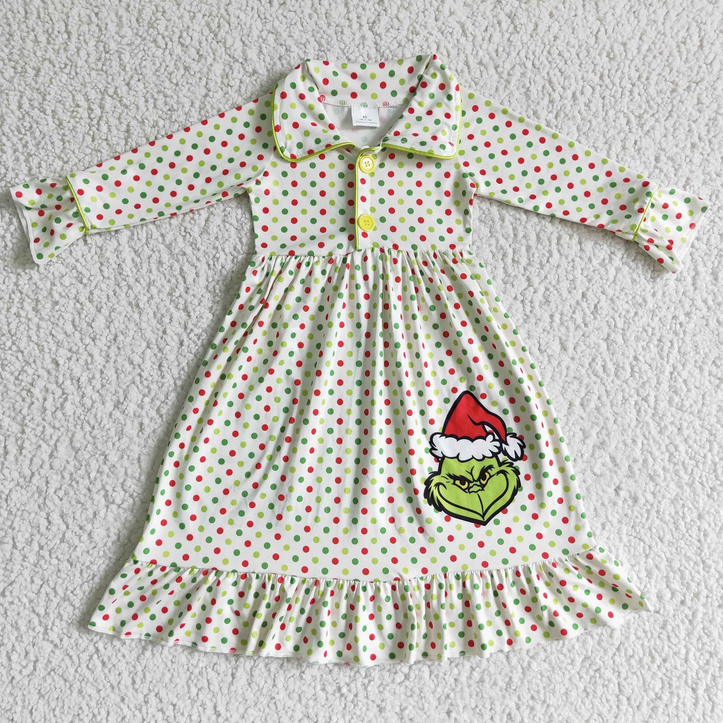 christmas green cartoon lace button dot long sleeve dress 0905 RTS