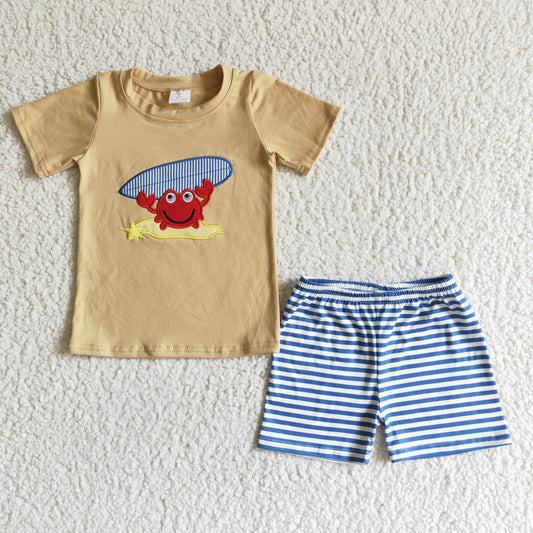 PROMOTION blue stripe crab embroidery khaki top boy shorts set short sleeve shorts girl outfit 0404