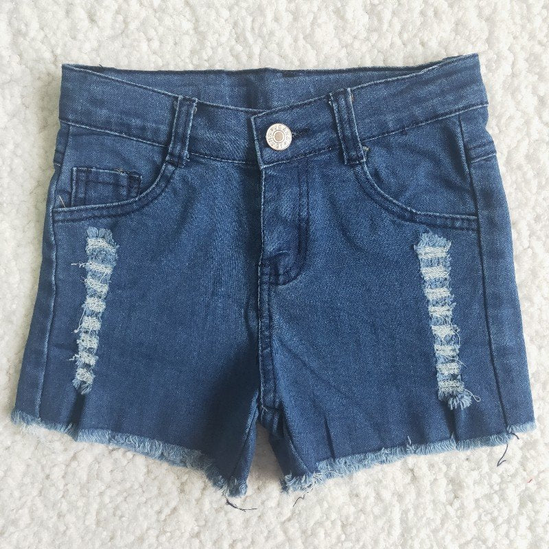 RTS girl button blue ripped denim shorts 0524