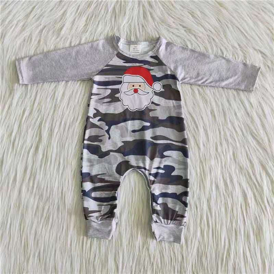 christmas boy grey raglan santa camo long sleeve romper